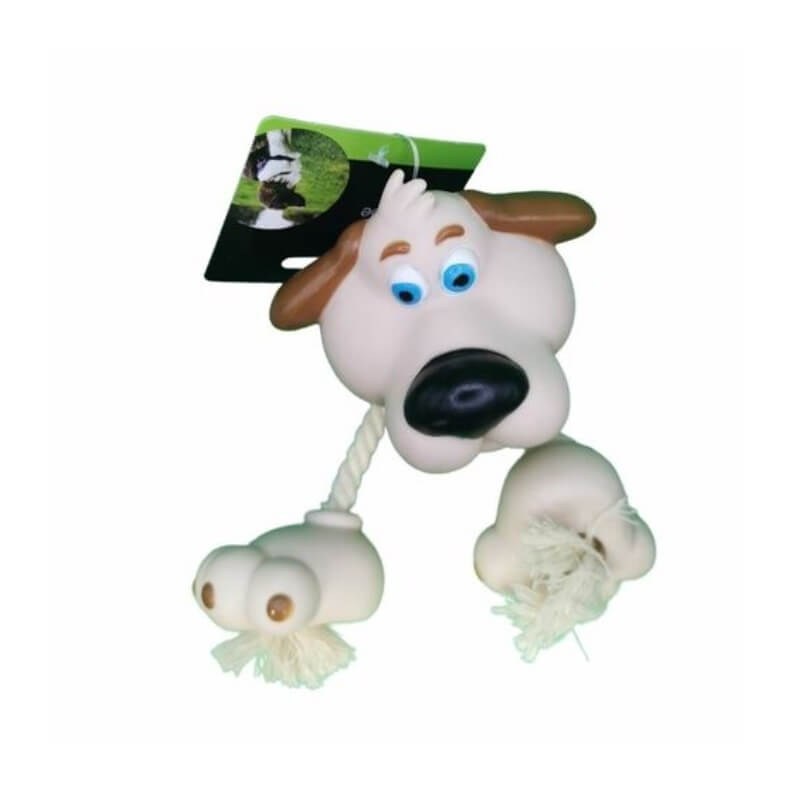 Best Pets Vinyl Rope Dog toy with cartoon face, rope legs, and tag on its head.