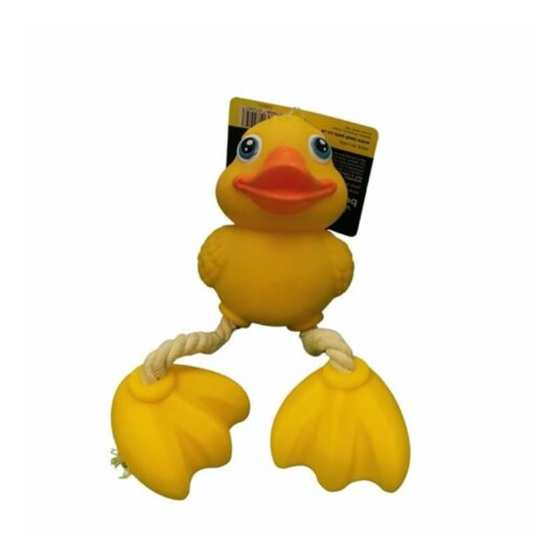 Best Pets Vinyl Rope Duck: Yellow toy with rope legs, big feet, and head tag.
