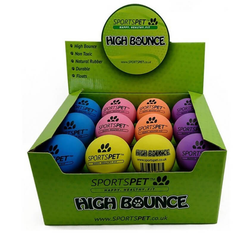 A box of Sportspet High Bounce Medium balls features paw prints and high rubber content.