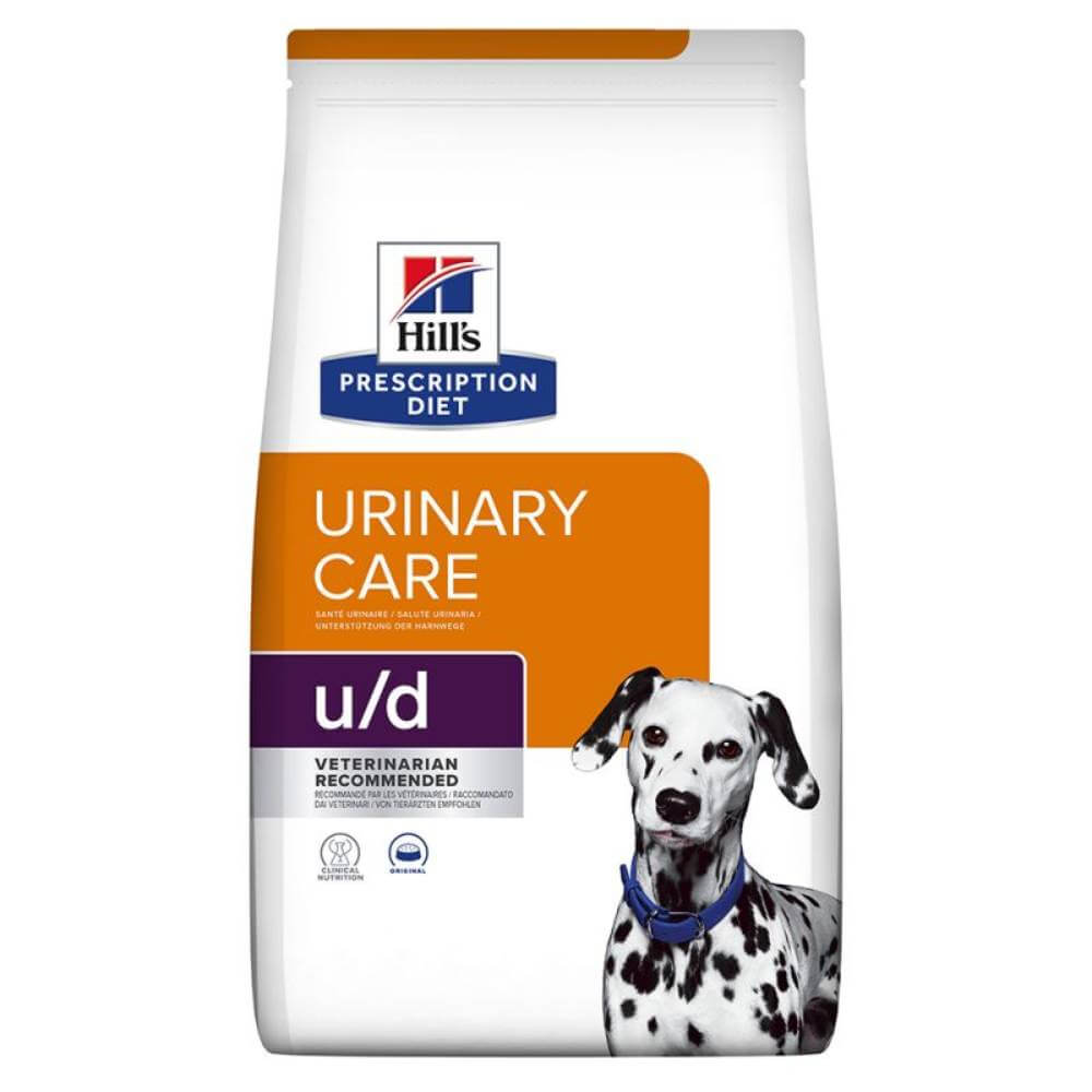 Hills Prescription Diet U/D Urinary Care dry food for dogs prone to urate uroliths.