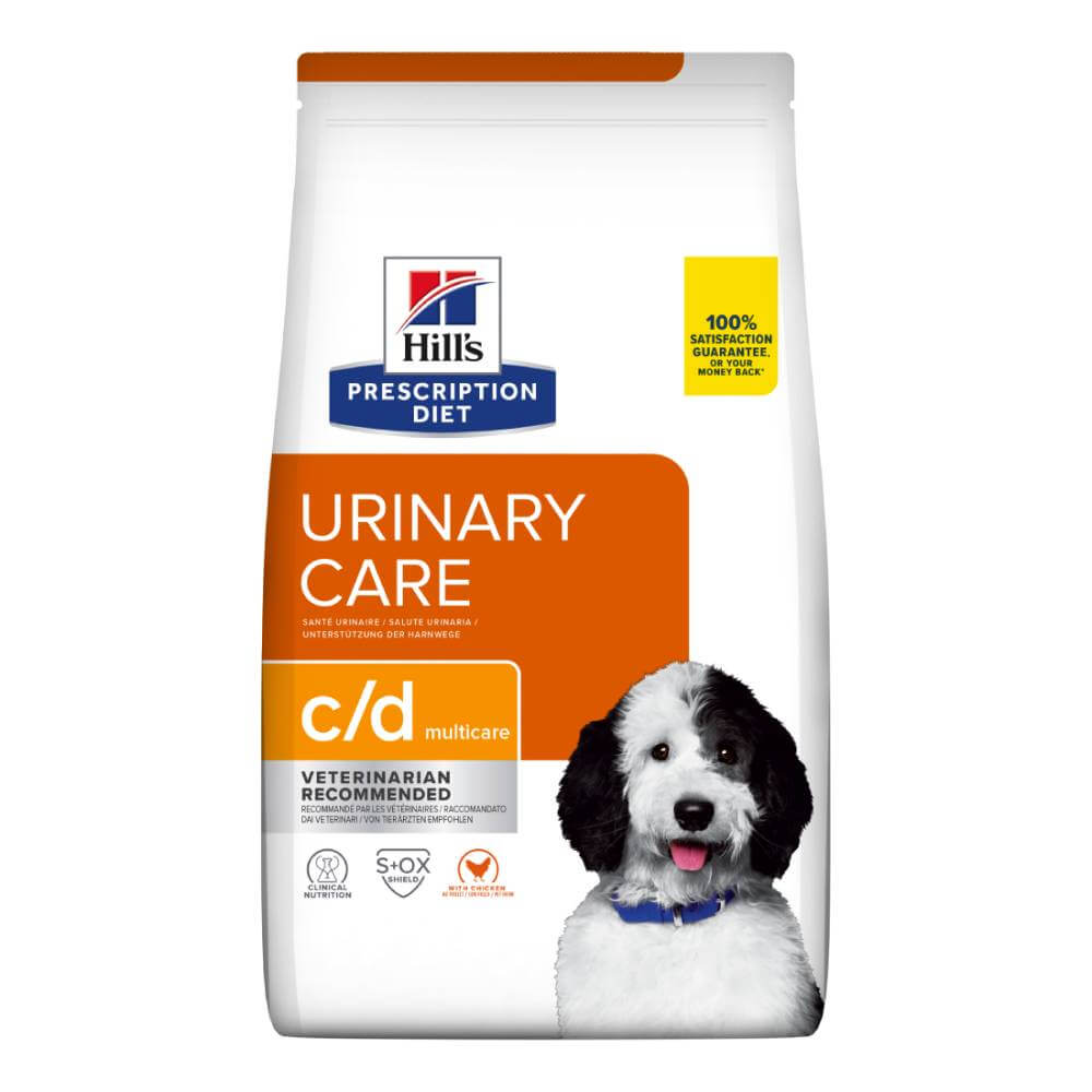 Hills Prescription Diet C/D Urinary Care Canine bag with a black and white dog illustration.