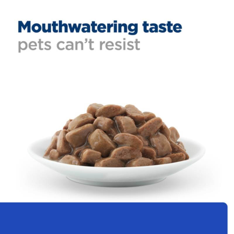Hills Prescription Diet M/D Feline pouches support urinary health with tasty chunks in gravy.