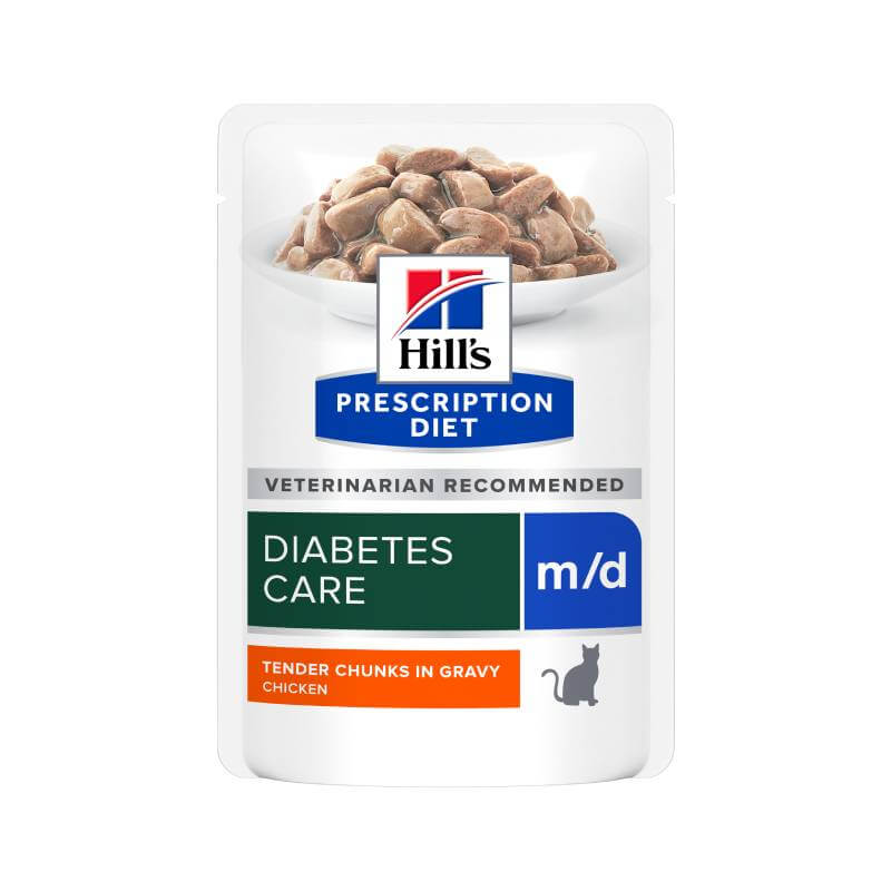 Hills Prescription Diet M/D Feline chicken pouches for diabetic cats, 12x85g, in gravy.