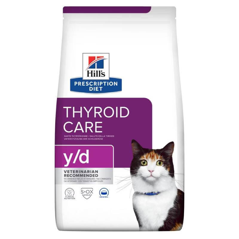 Hills Prescription Diet Y/D Feline Dry Food for cats with hyperthyroidism.