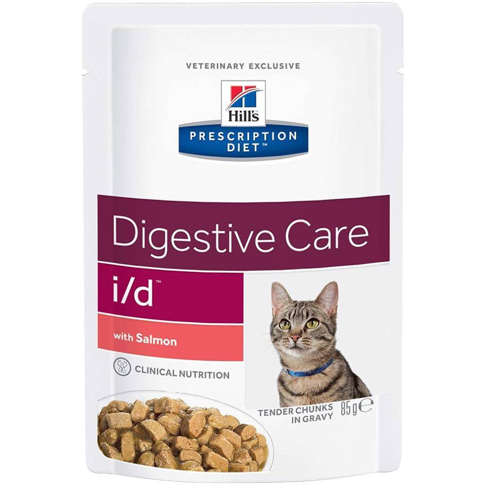 Hills Prescription Diet I/D Feline Salmon cat food pouch, 85g.