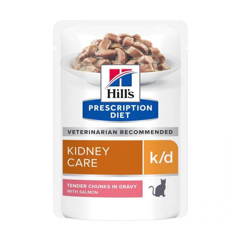 Hills Prescription Diet K/D Feline Pouch Salmon 12x85g supports kidney health in cats.