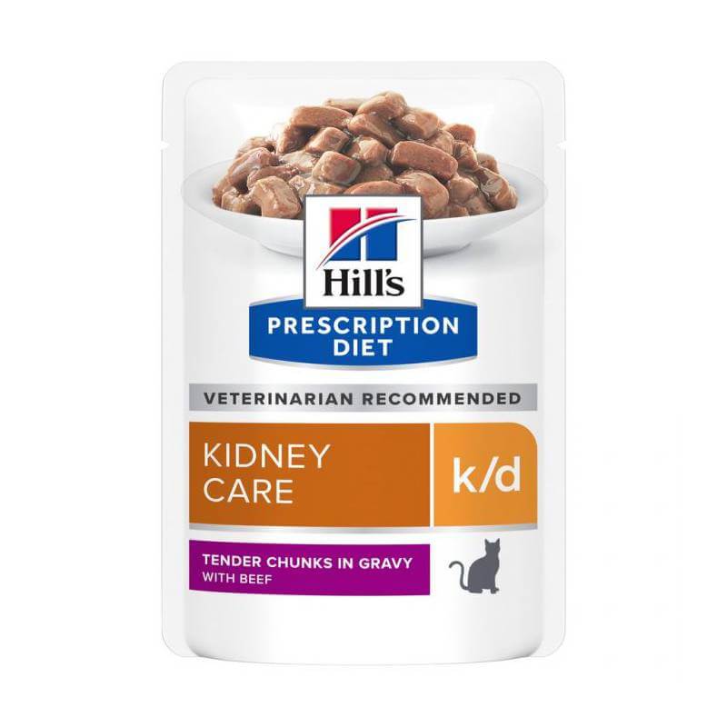 Hills Prescription Diet K/D Feline Pouch Beef 12x85g kidney cat food in savory gravy.