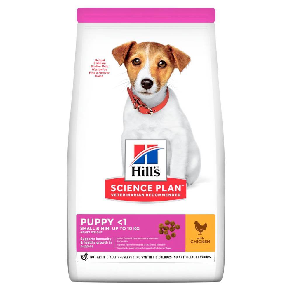 Hills Science Plan Puppy Small &amp; Mini Chicken food bag with chicken flavor label on front.
