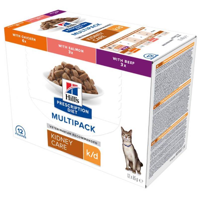 Hills Prescription Diet K/D Feline Pouch Multipack 12x85g for kidney care cats.