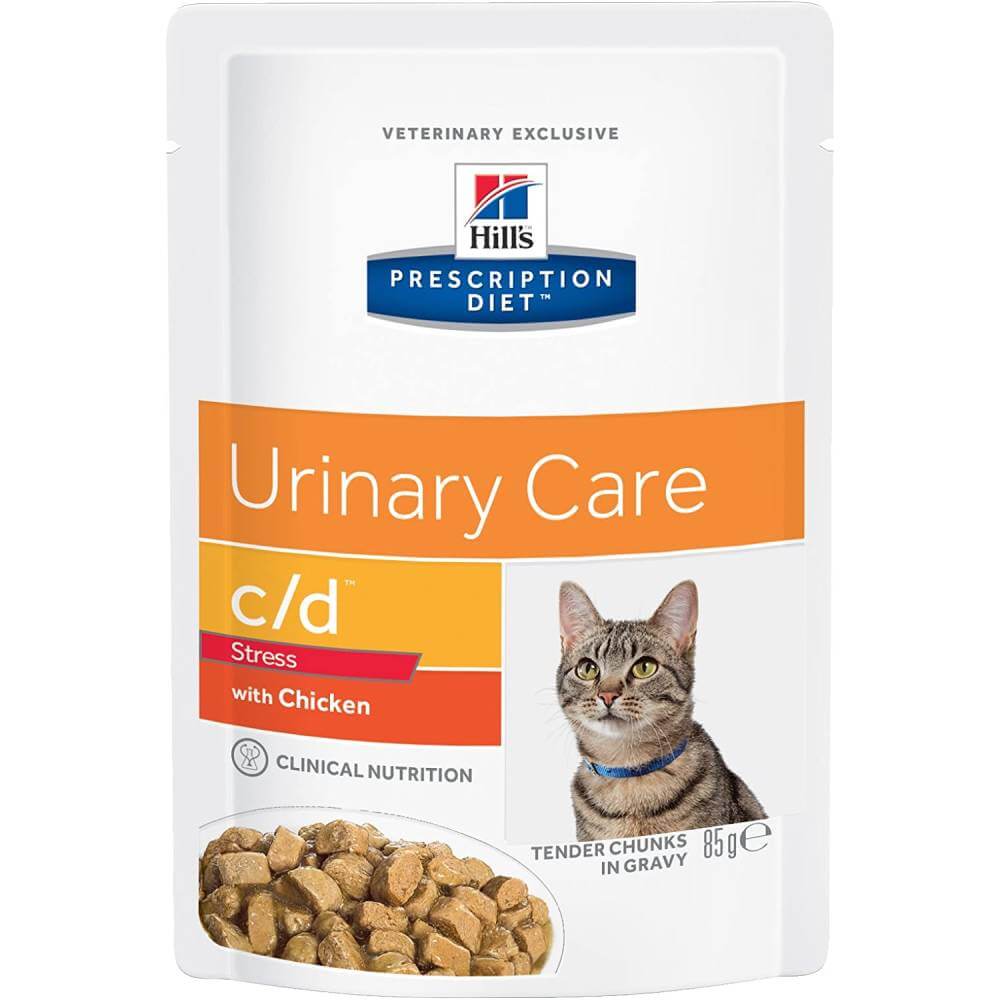 Hills Prescription Diet C/D Feline Urinary Stress Chicken Pouch 48x85g with cat image shown.