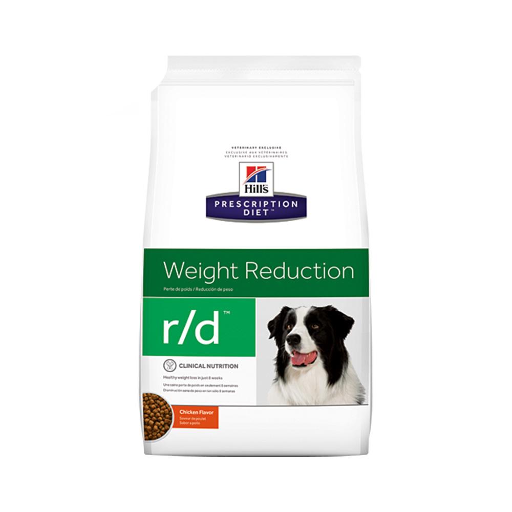 Bag of Hills Prescription Diet Canine R/D Dry dog food with a black and white dog.