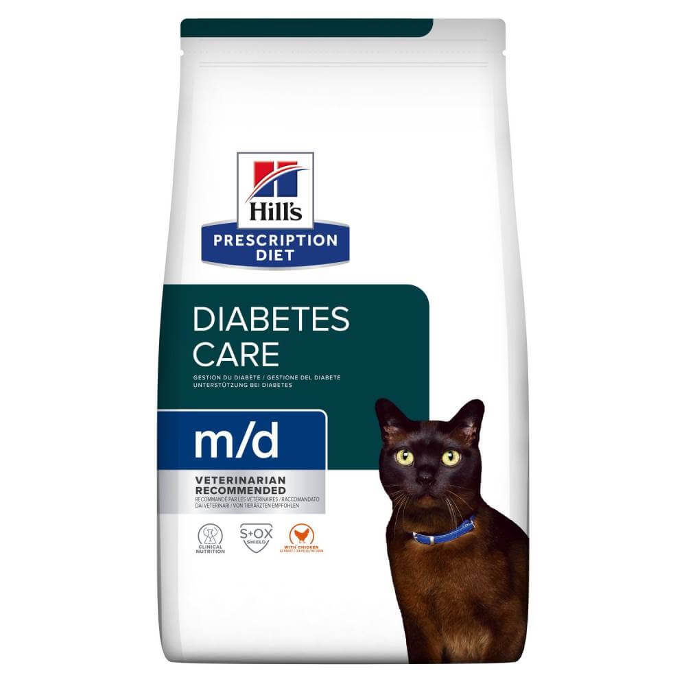 Hills Prescription Diet M/D Feline Dry Food for diabetic cat weight loss with a black cat.