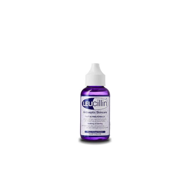 A Leucillin Antiseptic Skincare Dropper 50ml with a white cap on a white background.