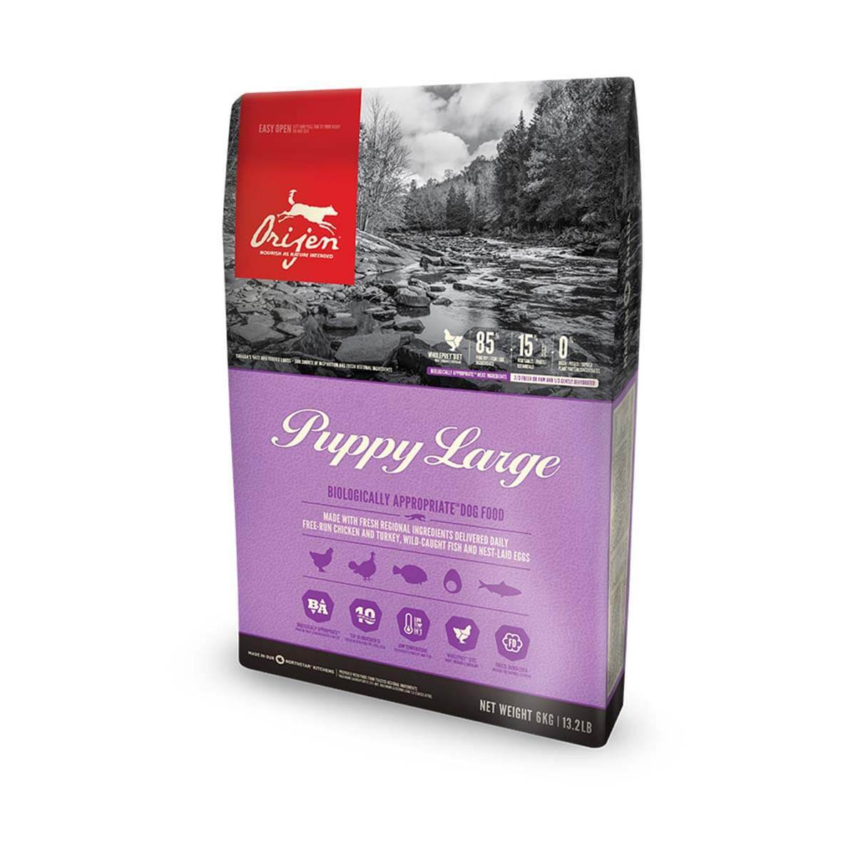 Orijen Puppy Large Breed bag, high protein puppy food with nature scene on upper half.