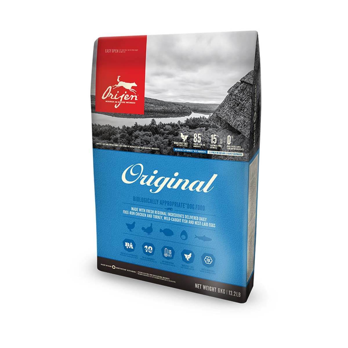 Orijen Original dog food by Orijen with a blue and black design.