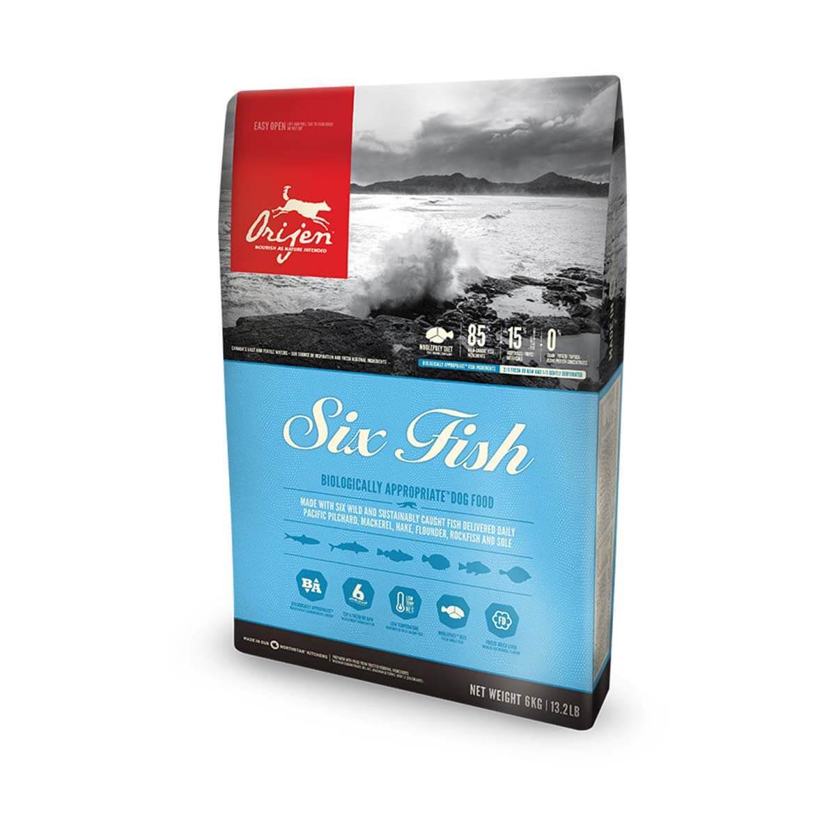 Orijen 6 Fish dog food bag features ocean and wild-caught fish artwork on the packaging.