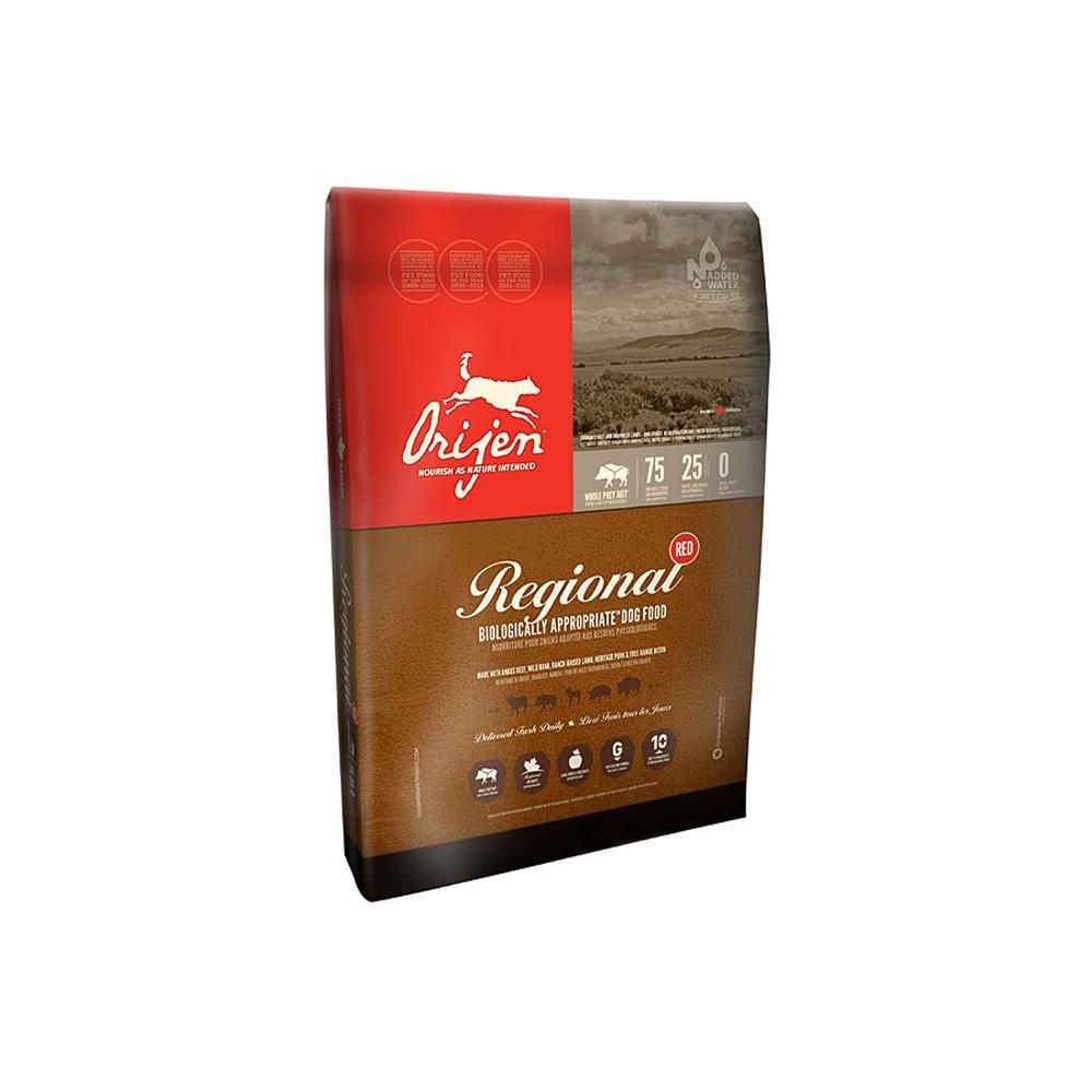 Orijen Regional Red dog food bag in red and brown with freeze-dried coating by Orijen shown.