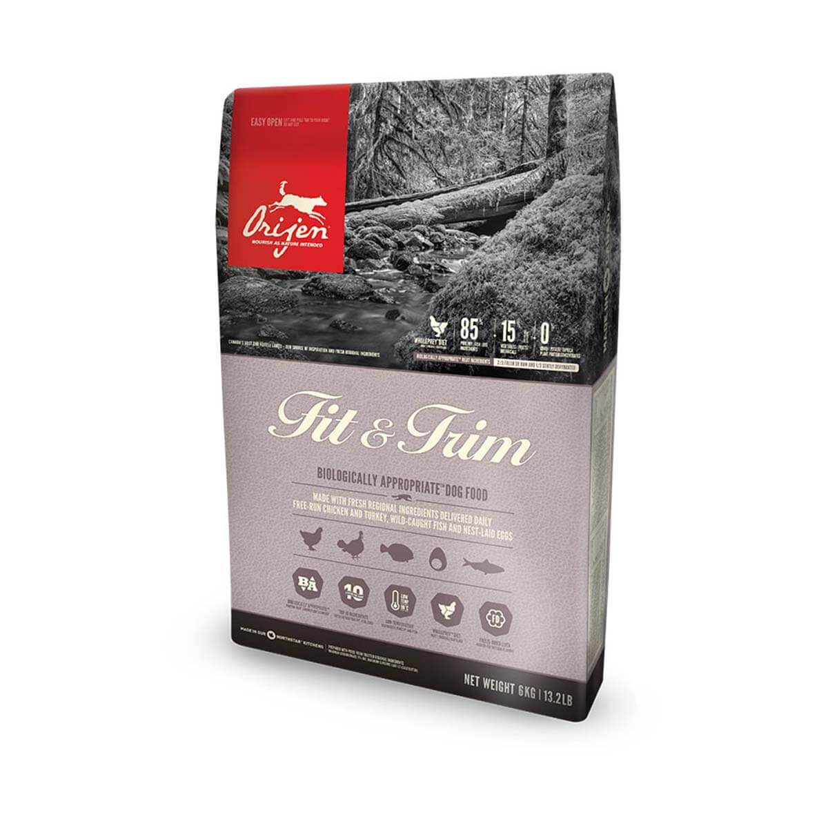 Orijen Fit &amp; Trim dog food bag with forest design and Orijen branding on the front.