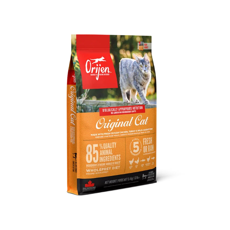 Orijen Original Cat food bag featuring a cat and high-protein, biologically appropriate diet.
