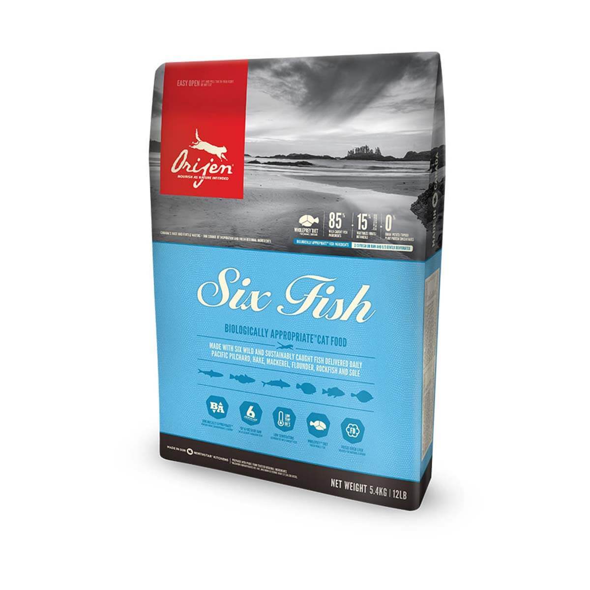 A bag of Orijen 6 Fish Cat &amp; Kitten food with blue and gray packaging.