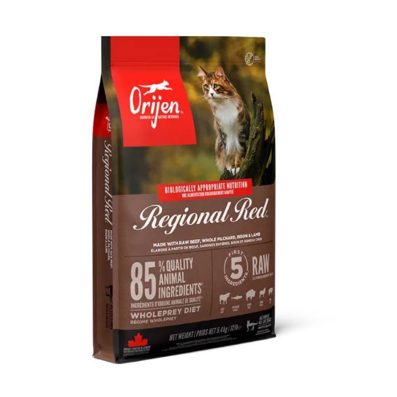 Orijen Regional Red Cat Food bag features product info for a protein-rich feline diet.