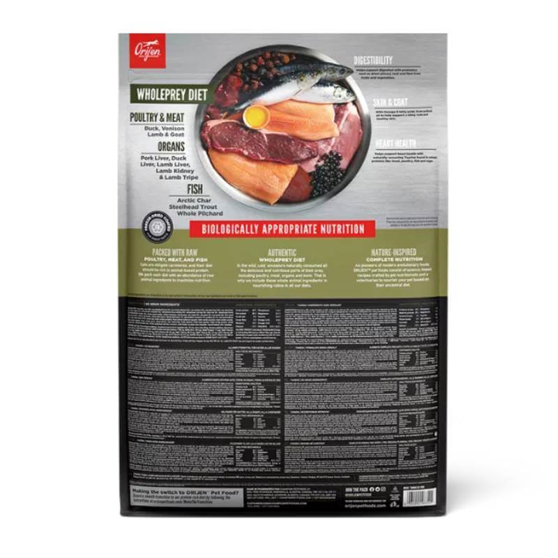 Back of Orijen Tundra Cat Food bag displays ingredients and nutrition for cats by Orijen.