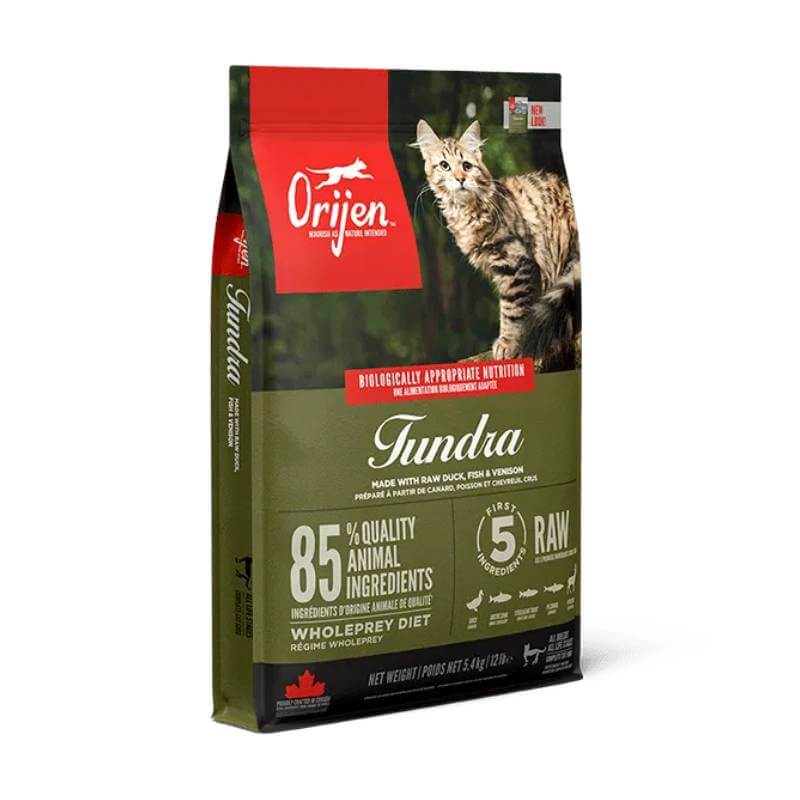 Orijen Tundra Cat Food bag features a cat outdoors and promotes its high-protein formula.