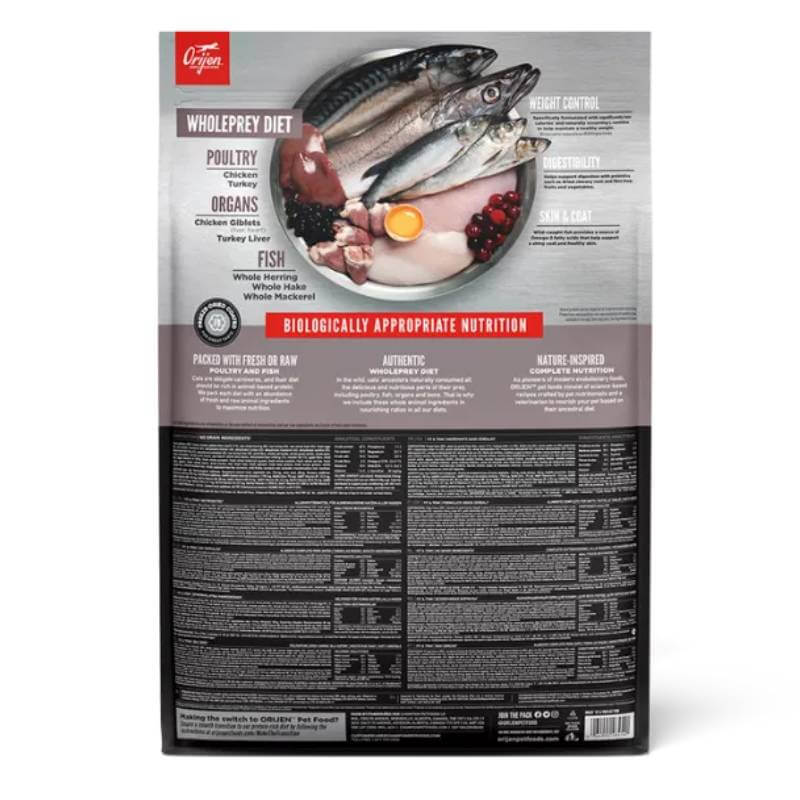 Orijen Fit &amp; Trim Cat Food bag features fish, poultry, berries, and key product details.