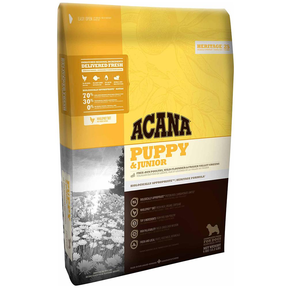 Acana Heritage Puppy And Junior dog food, 25 lbs, yellow &amp; white bag.
