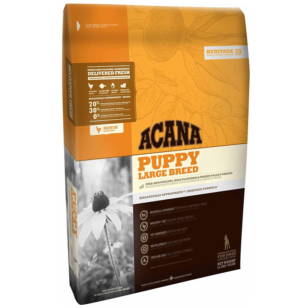 Acana Heritage Puppy Large Breed 11.4kg, grain free puppy food in orange and beige packaging.