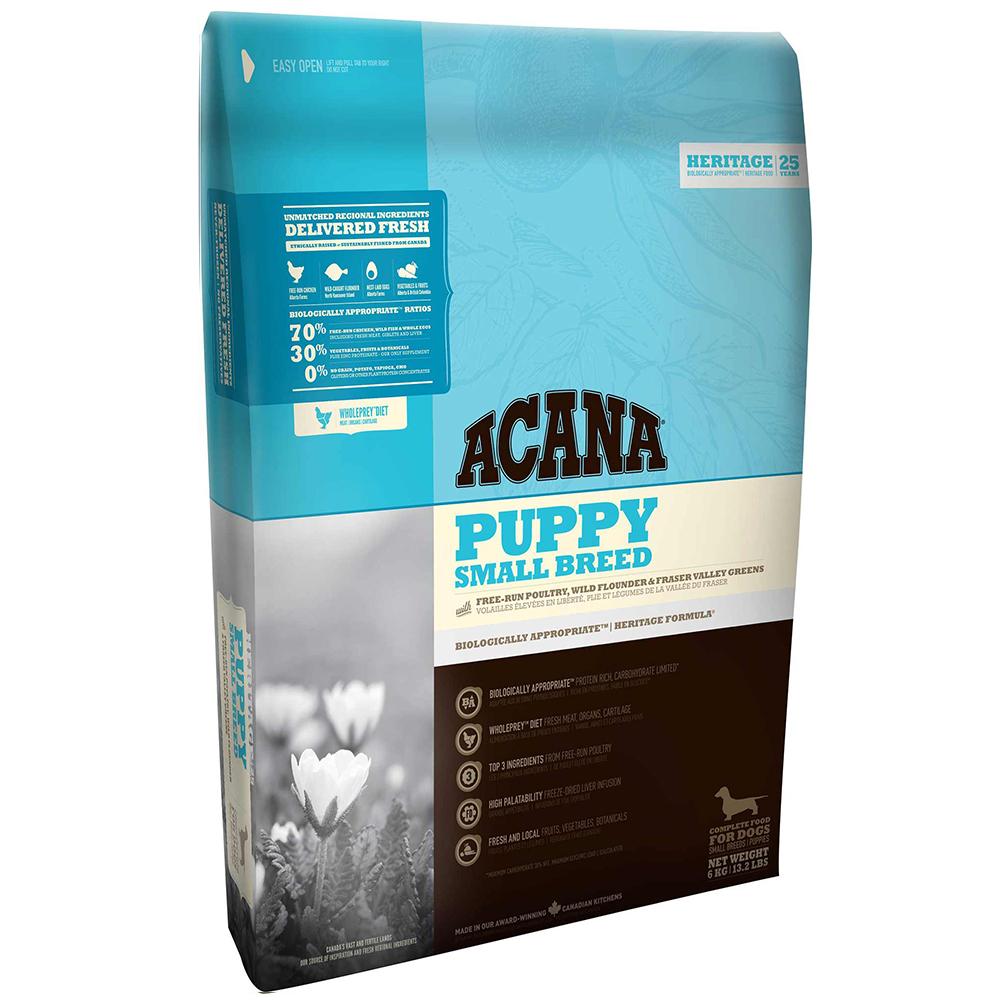 Acana Heritage Puppy Small Breed food in blue and brown bag; high protein for puppies.