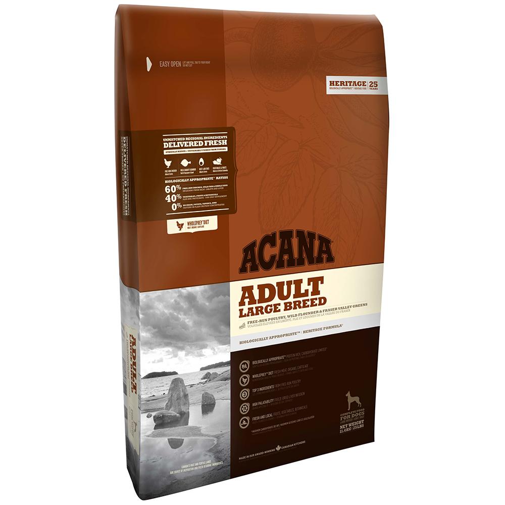 Acana Heritage Adult Large Breed 11.4kg dog food in brown and cream bag.