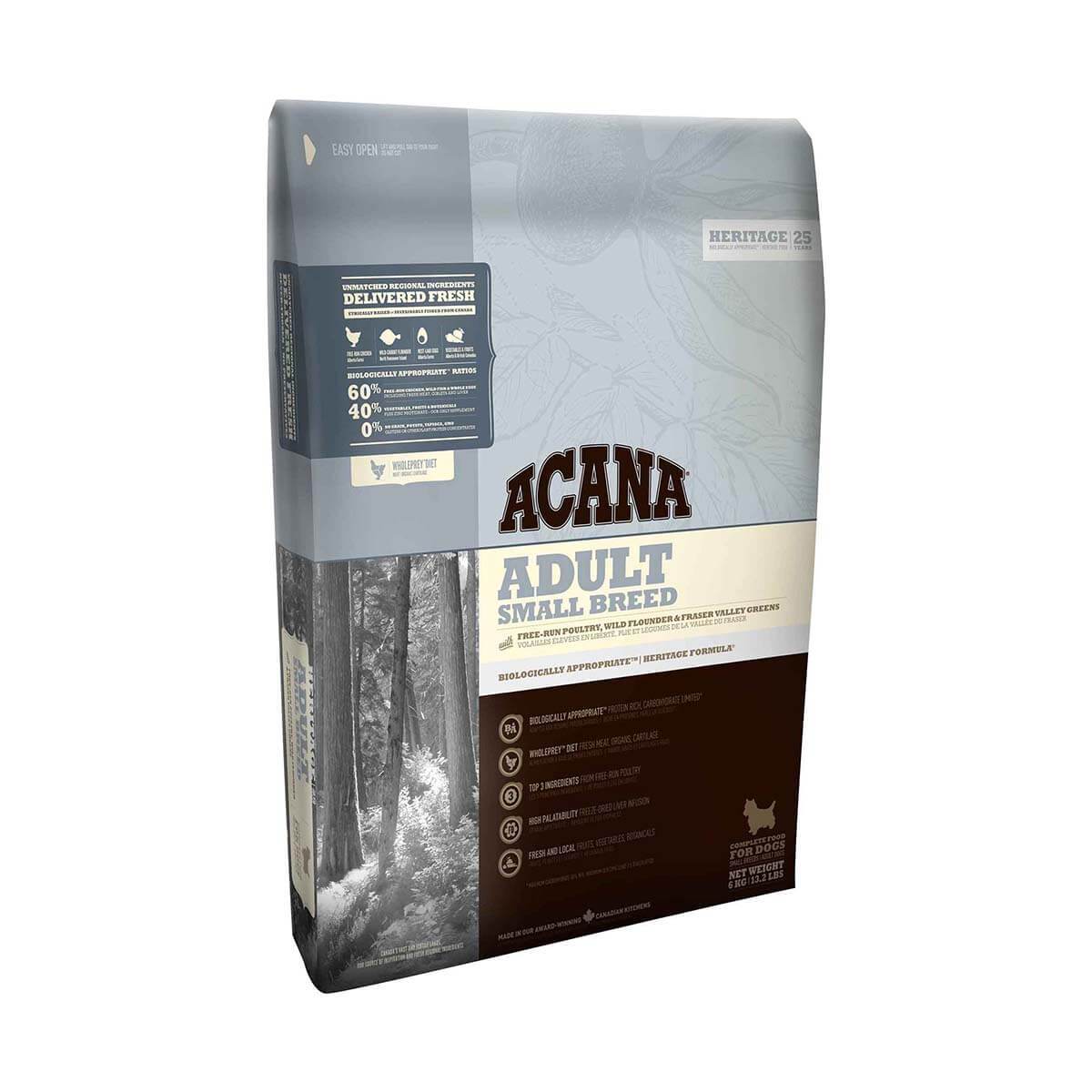 Acana Heritage Adult Small Breed dog food in brown and beige packaging, grain free.