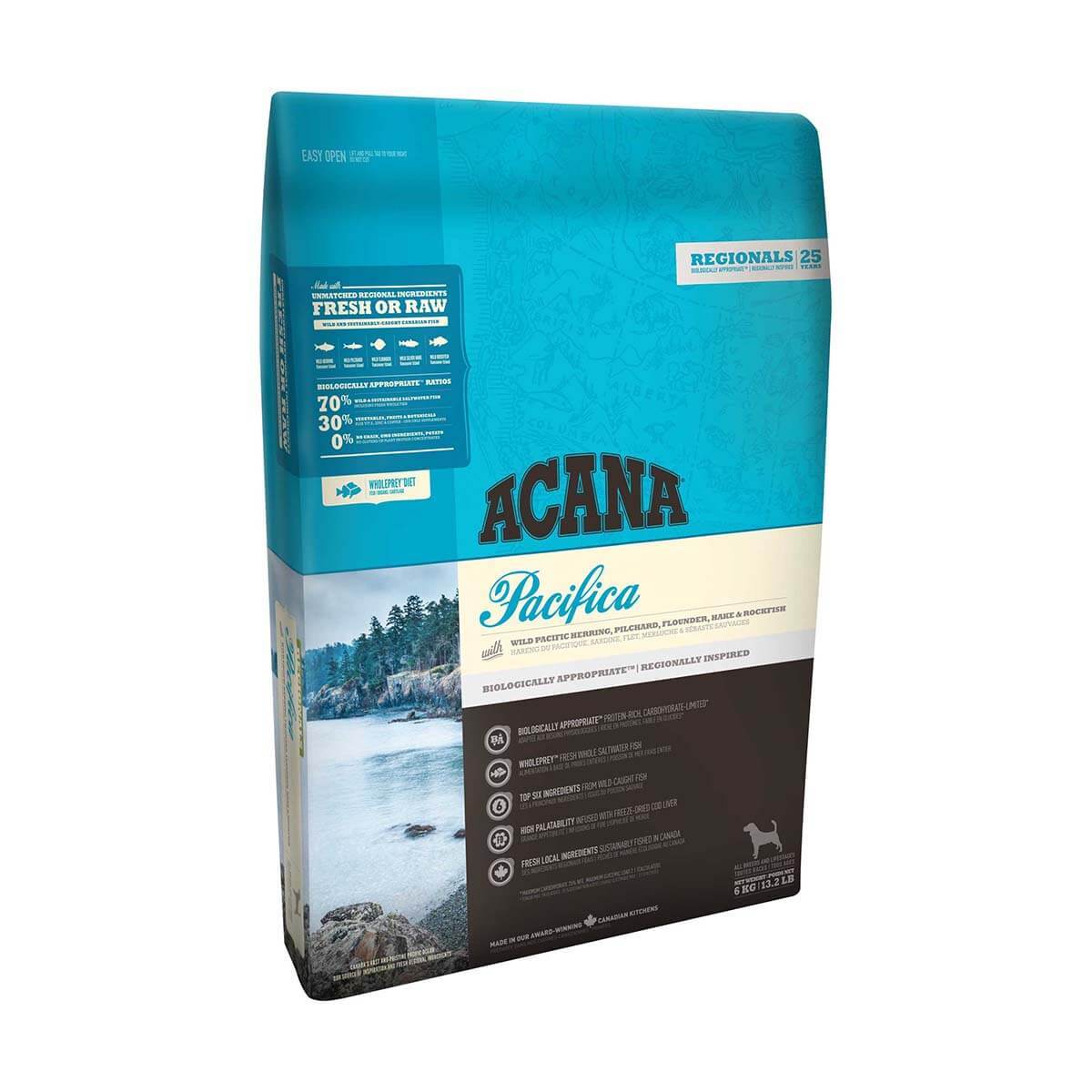 Acana Pacifica dog food bag, blue, with coastal scenery and wild-caught fish.