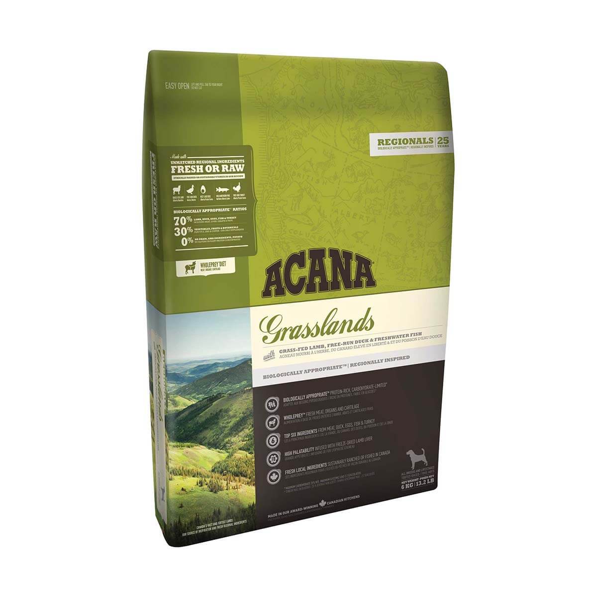 Acana Grassland dog food bag, green/tan, features scenic landscape.