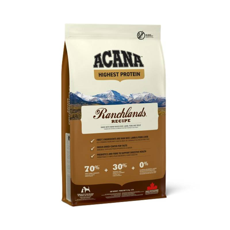 Acana Ranchlands Dog Food—protein-rich recipe with mountain-themed packaging.