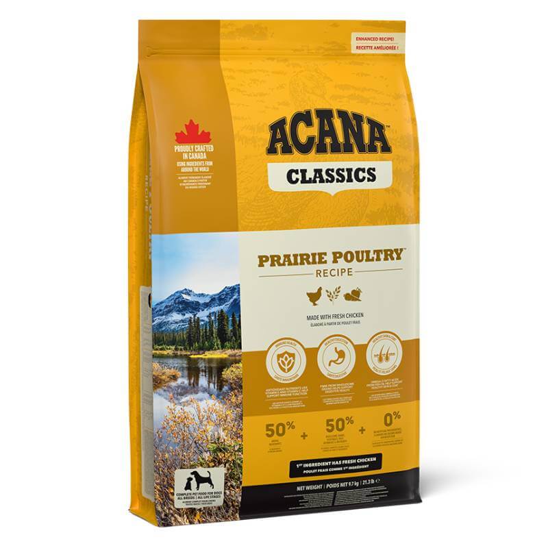 Acana Prairie Poultry dog food bag with wholesome ingredients and key product details.
