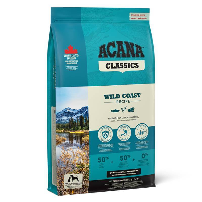 Acana Wild Coast Dry Dog Food bag with lake and mountain scene on front.