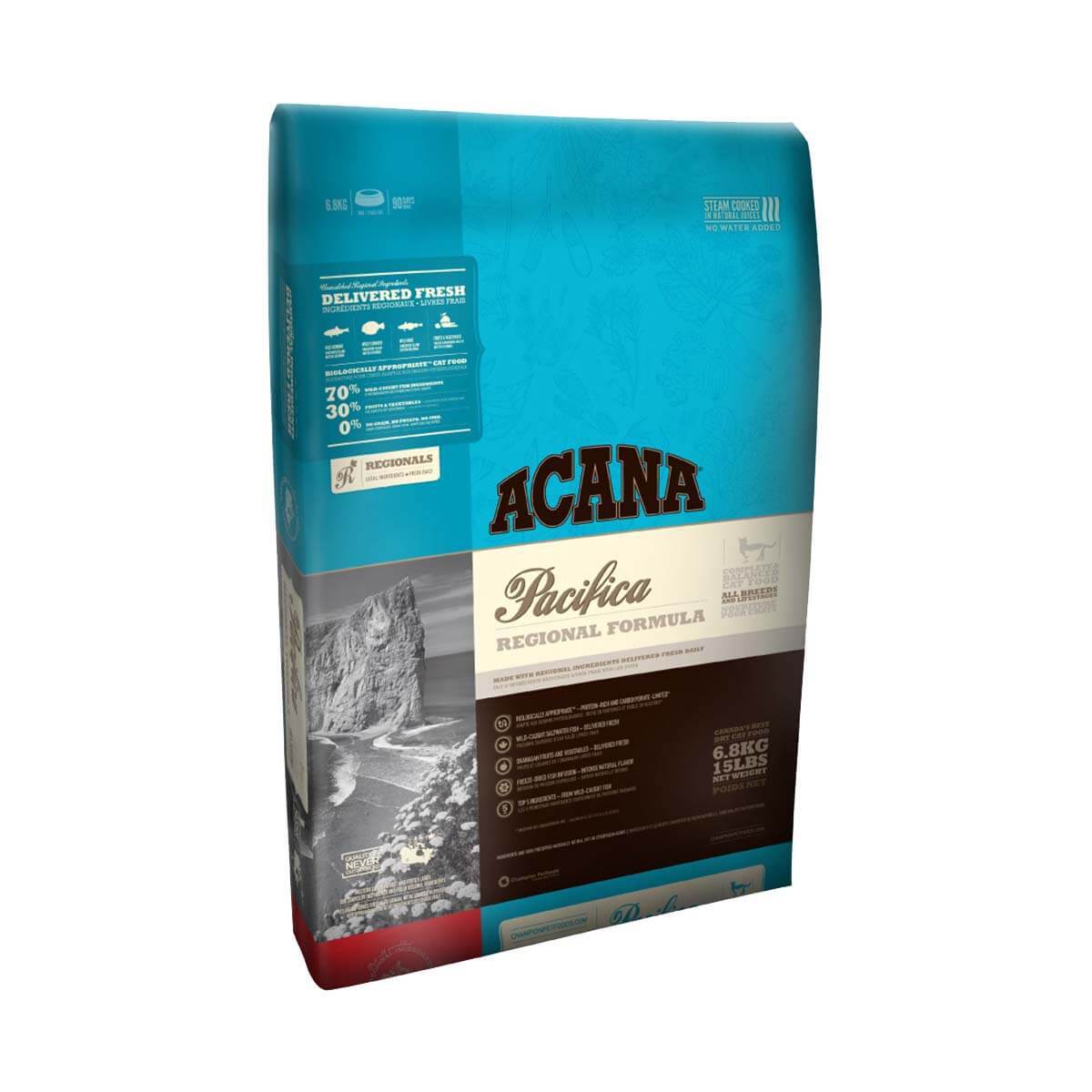 Acana Cat Pacifica wild fish cat food in blue and beige packaging by Acana.