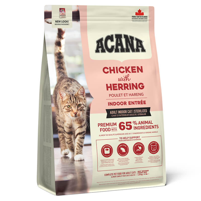 Acana Indoor Entrée Cat food, chicken &amp; herring flavor, with a tabby cat pictured on the bag.