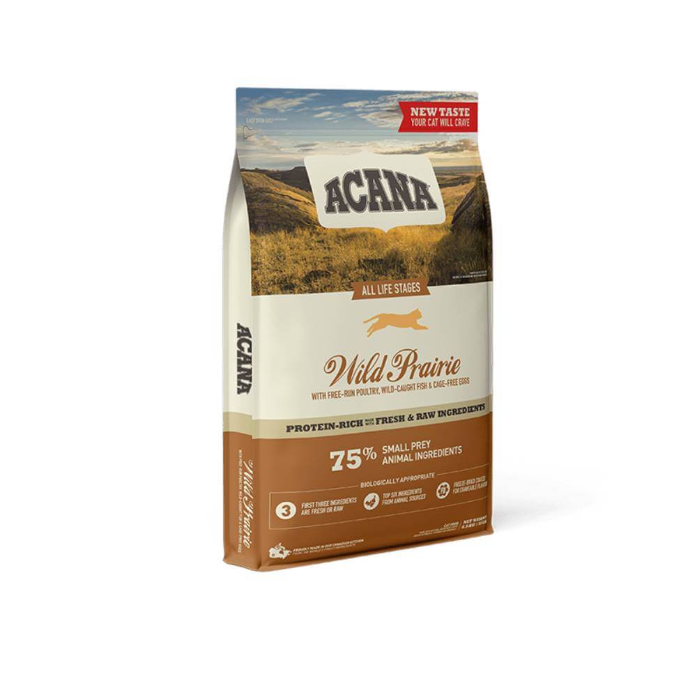 Acana Cat Wild Prairie, a grain-free cat food, features prairie landscape packaging.