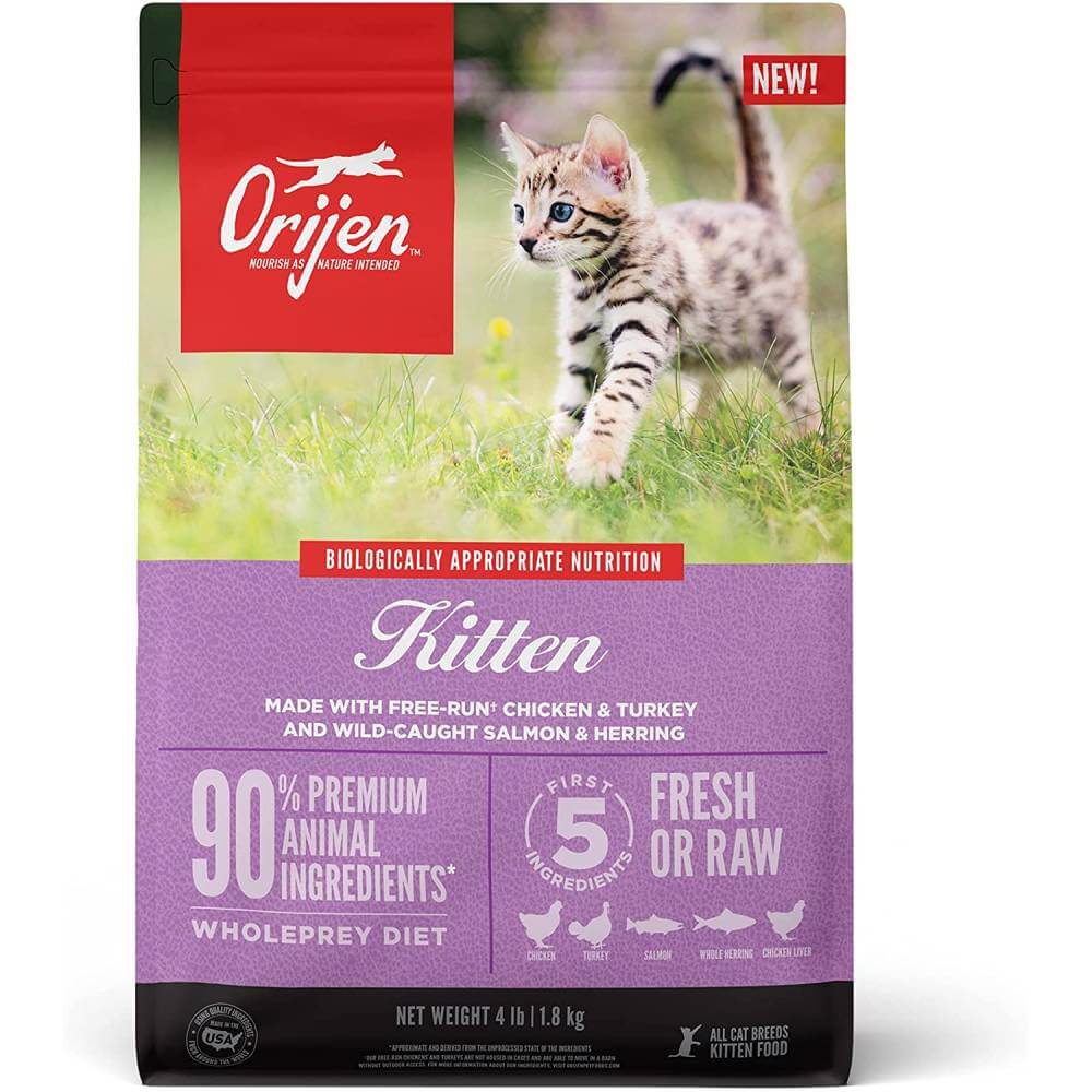 Orijen Kitten bag shows a kitten on grass, highlighting its WholePrey diet formula.