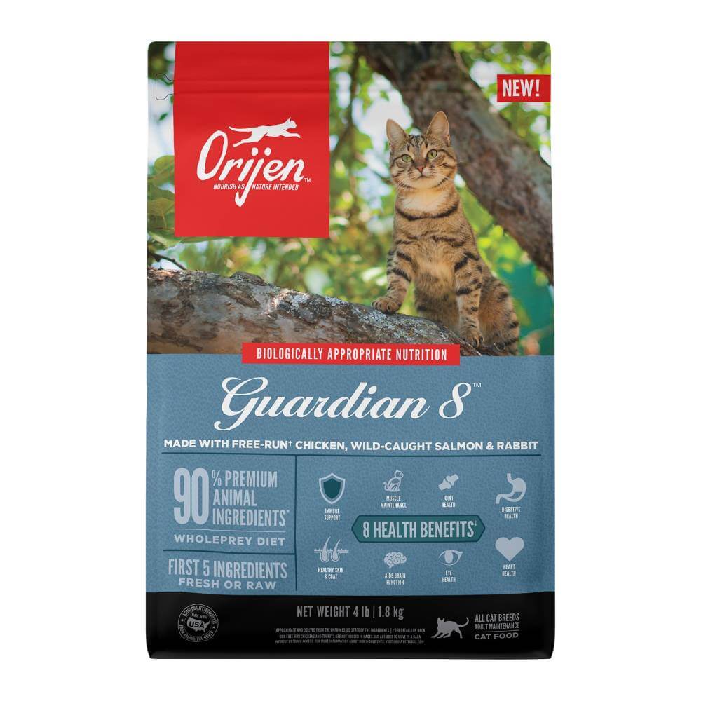 Orijen Guardian 8 Cat food bag shows a cat on a tree with health info on the packaging.
