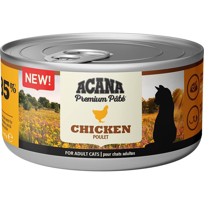 Acana Chicken 85g cat food can, premium pâté for cats, features a cat silhouette on the label.