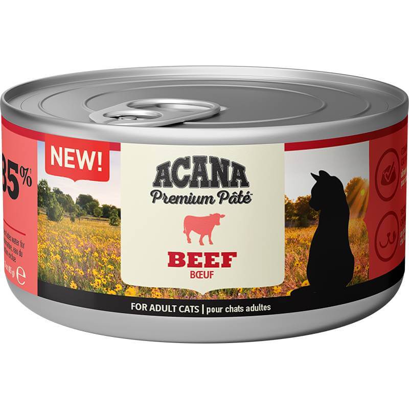 Acana Beef 85g cat food can with field and cat silhouette, made from premium pâté.