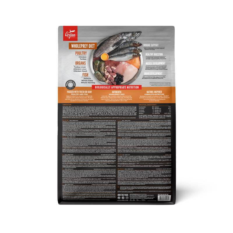 Bag of Orijen Small Breed Puppy food featuring a person and puppy silhouette on the front.