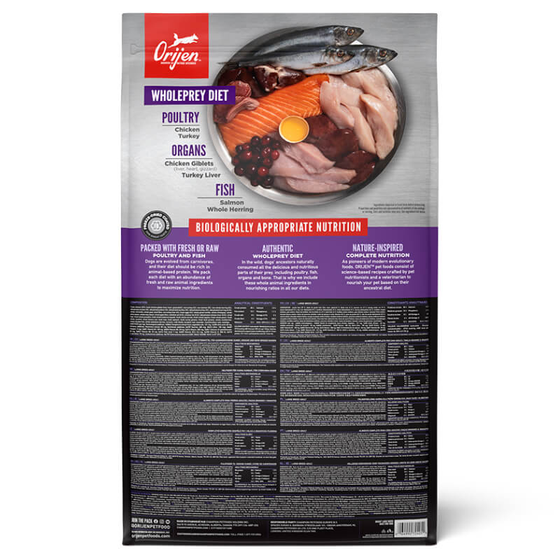 Orijen Large Breed Adult 11.4kg dog food with a person and dog at sunset.