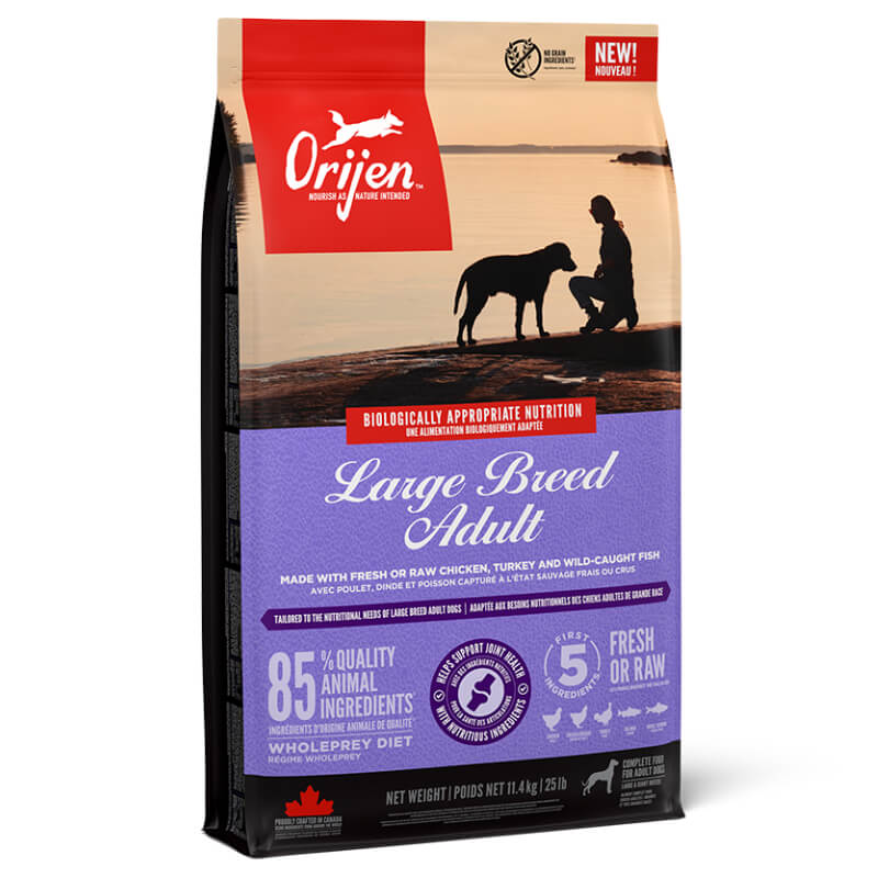 Orijen Large Breed Adult 11.4kg dog food with a person and dog at sunset.