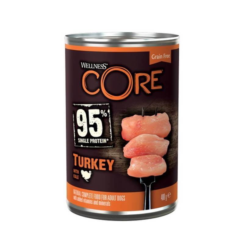 A can of Wellness CORE 95% Single Protein Turkey with Kale dog food from Wellness Pet Food.