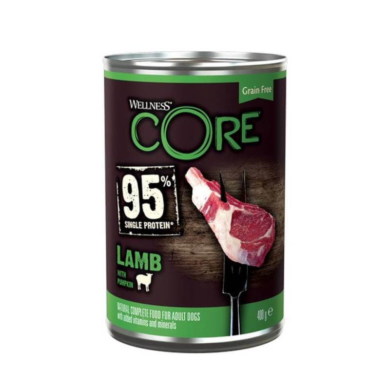 Wellness Pet Food CORE 95% Lamb with Pumpkin dog wet food, 400g can.